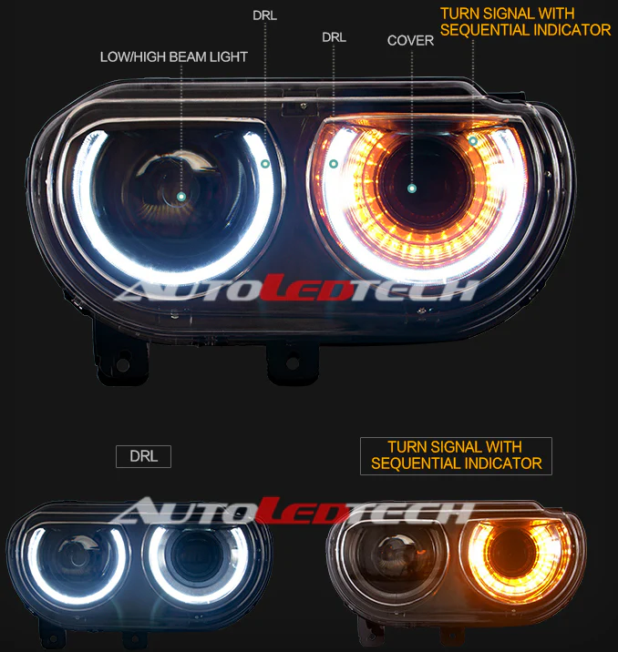 2008-2014 Dodge Challenger RGBW Color-Chasing LED Halo DRL Projector Headlights - 2015+ Style Design - Image 10