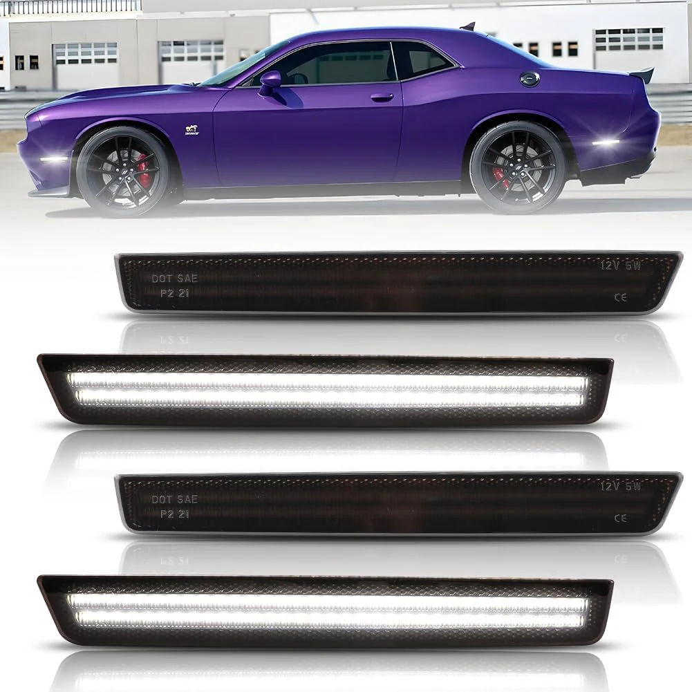 2015-2023 Dodge Challenger SCANNING White LED Smoked Side Marker Lights - Image 2