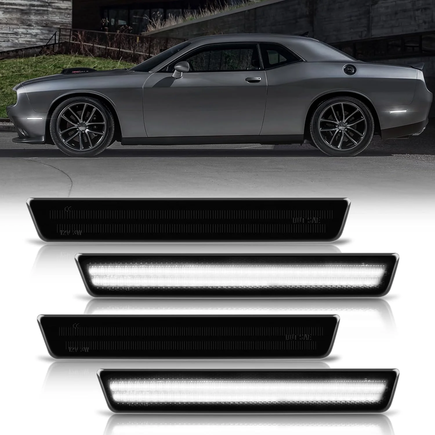 2015-2023 Dodge Challenger SCANNING White LED Smoked Side Marker Lights - Image 6