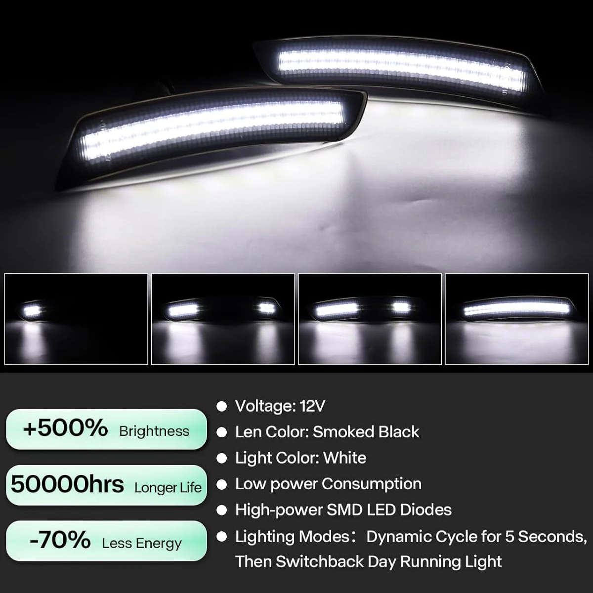 2016+ Chevy Camaro SCANNING White LED Smoked Side Marker Lights - Image 6